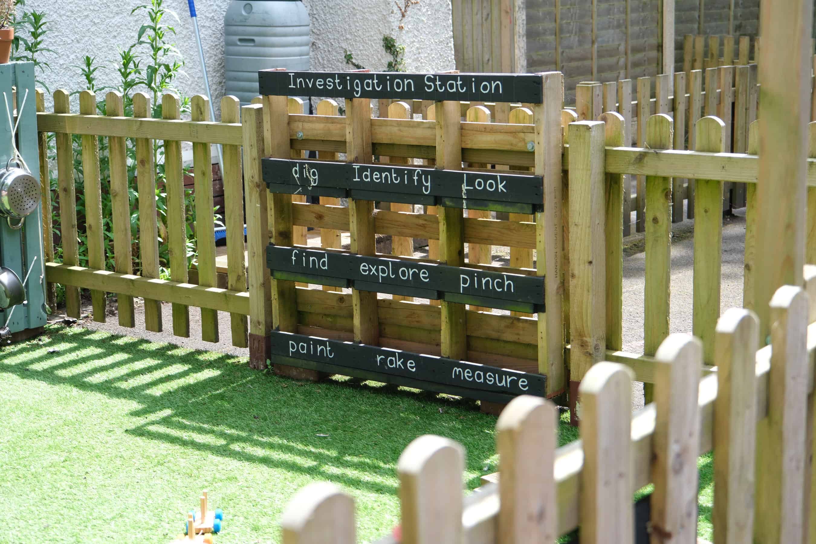 1. Colourful outdoor investigation area at Thrive Childcare with educational signs for young children.