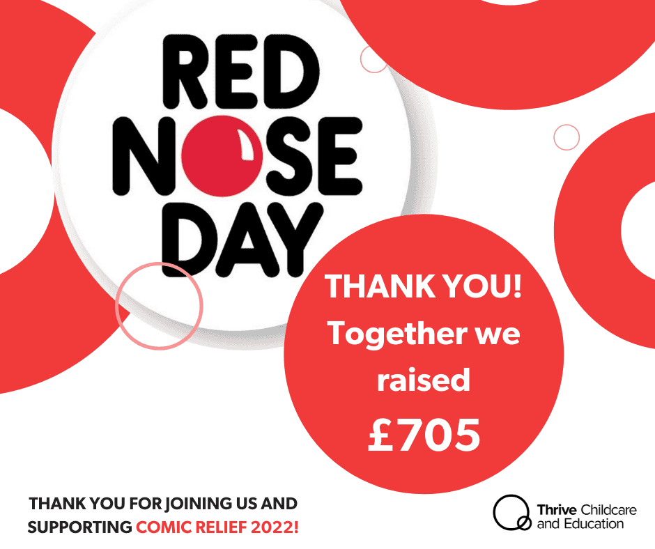 Red Nose Day charity event supporting Comic Relief, raising £705 with Thrive Childcare and Education. Join us in making a difference for children in need through fun fundraising activities.