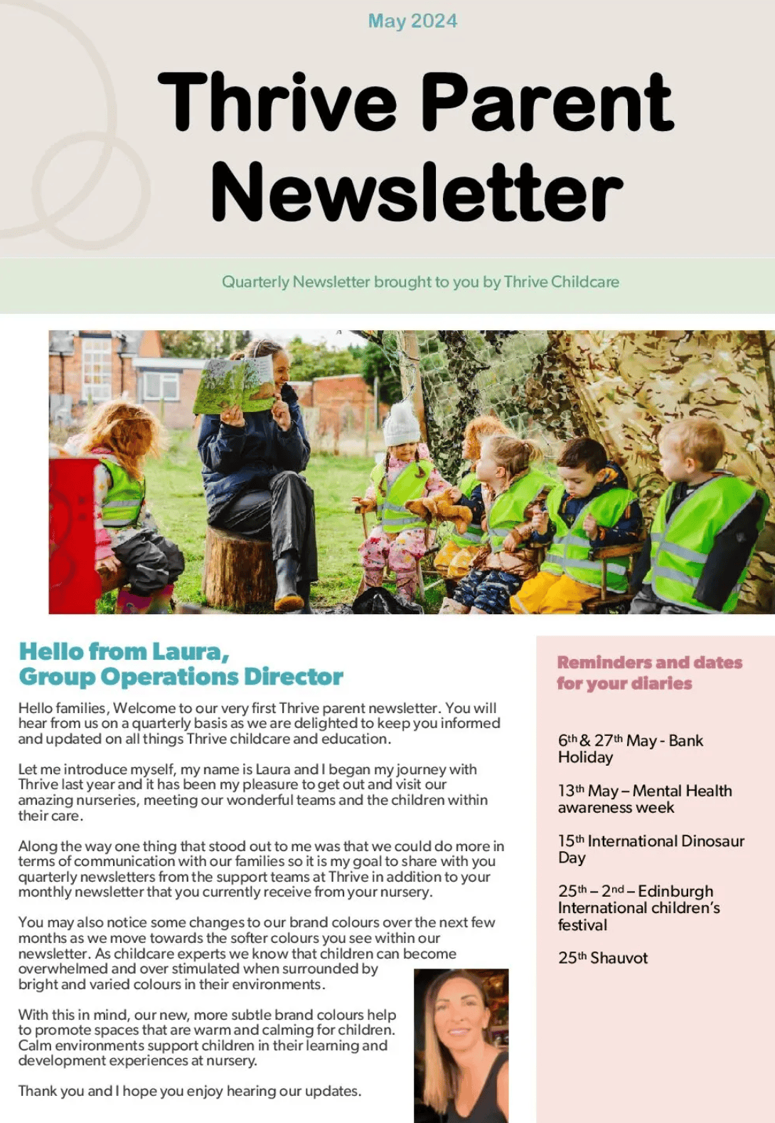 Bright outdoor nursery scene with smiling children in high visibility vests and a caregiver reading a story, showcasing quality childcare and outdoor learning at Thrive Childcare.