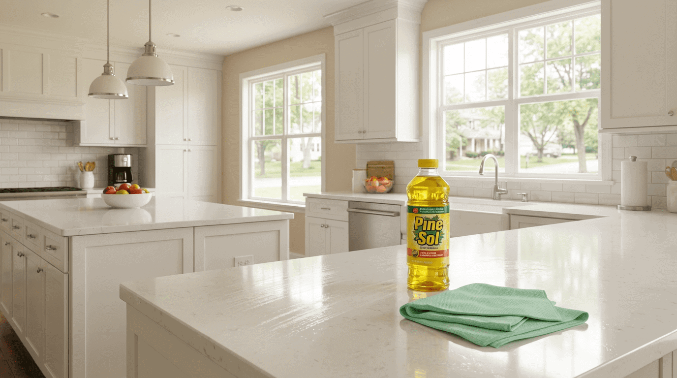 Bottle of Pine-Sol on a clean kitchen countertop with a mint green microfiber cloth.