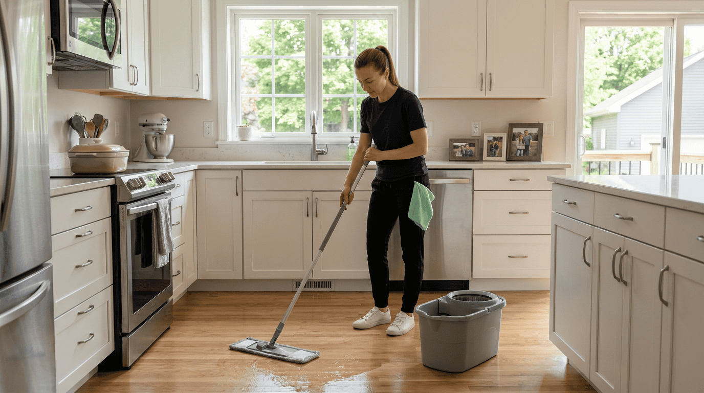 Woman mopping kitchen floor to ensure a spotless, clean surface with Upstairs Downstairs Cleaning.