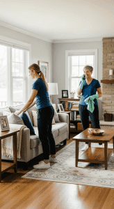 Two professional cleaners tidying up a bright, cozy living room with natural light.