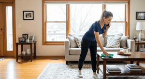 A woman cleaning a living room with a cloth and cleaning supplies on a wooden table.