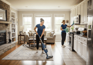 Buffalo Grove maids providing professional apartment cleaning, tidying and wiping down a kitchen to keep the space fresh and spotless.