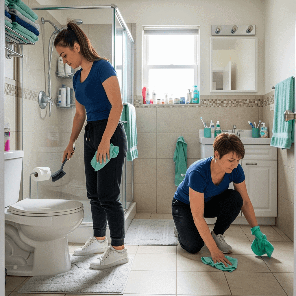 Chicago maids cleaning a bathroom. One maid scrubs the toilet while the other wipes the bathroom floor, showing professional deep cleaning service with attention to detail.