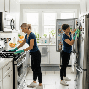 Professional kitchen cleaning service in action.