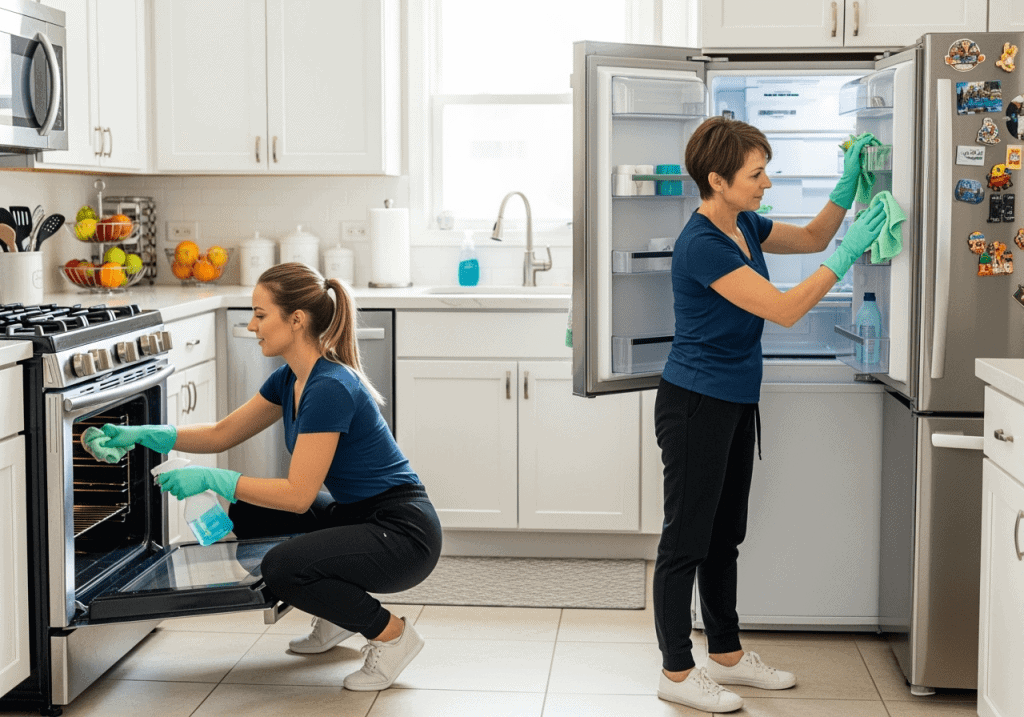a woman cleaning a refrigerator