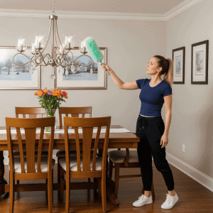 Woman cleaning chandelier in a dining room with a duster.