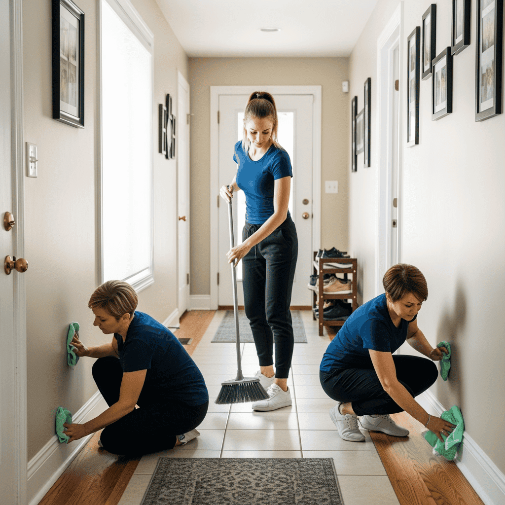 Professional cleaning team scrubbing hallway walls and floor in a residential home.