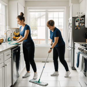 Two women cleaning a bright modern kitchen with mops and cleaning supplies.