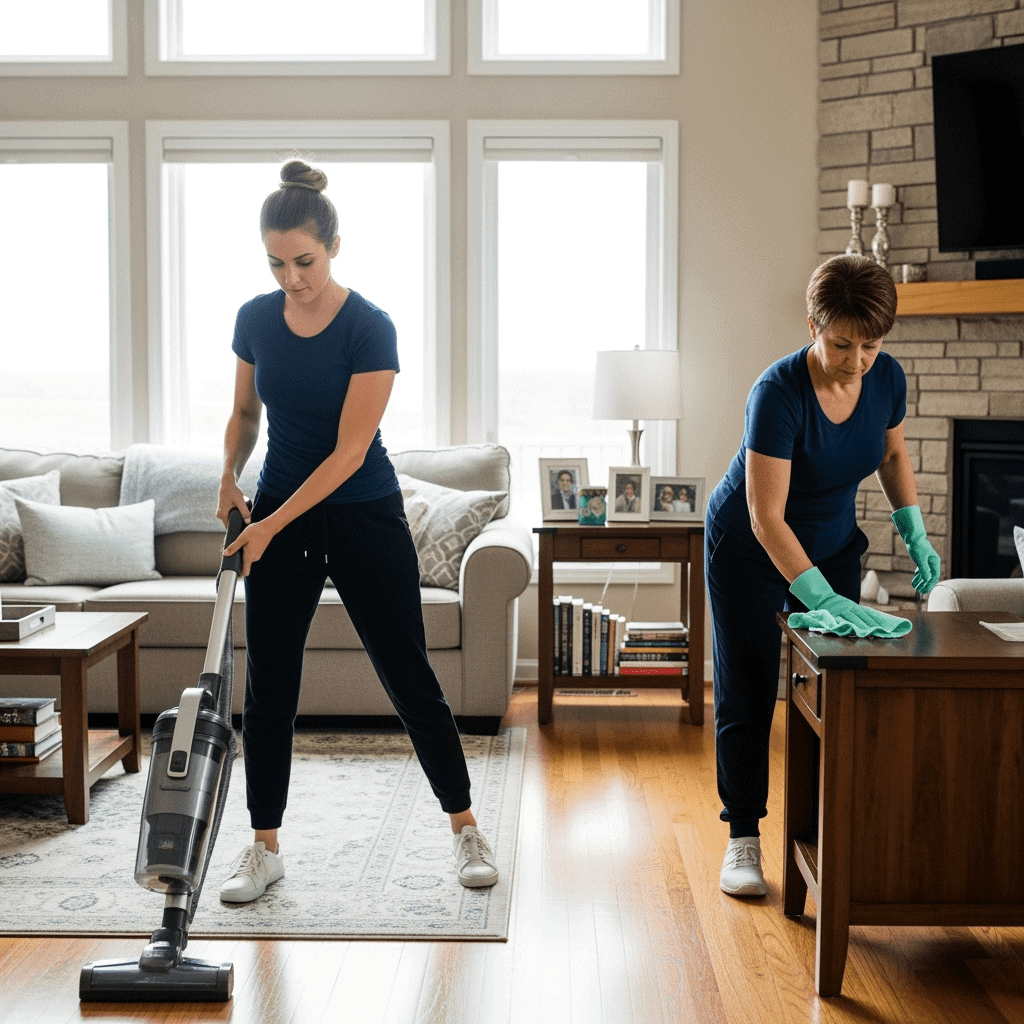Upstairs Downstairs Cleaning Service team cleaning a living room with vacuum and dust cloths.