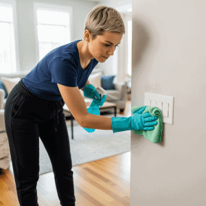 Cleaning professional disinfecting light switch with cloth in home interior.