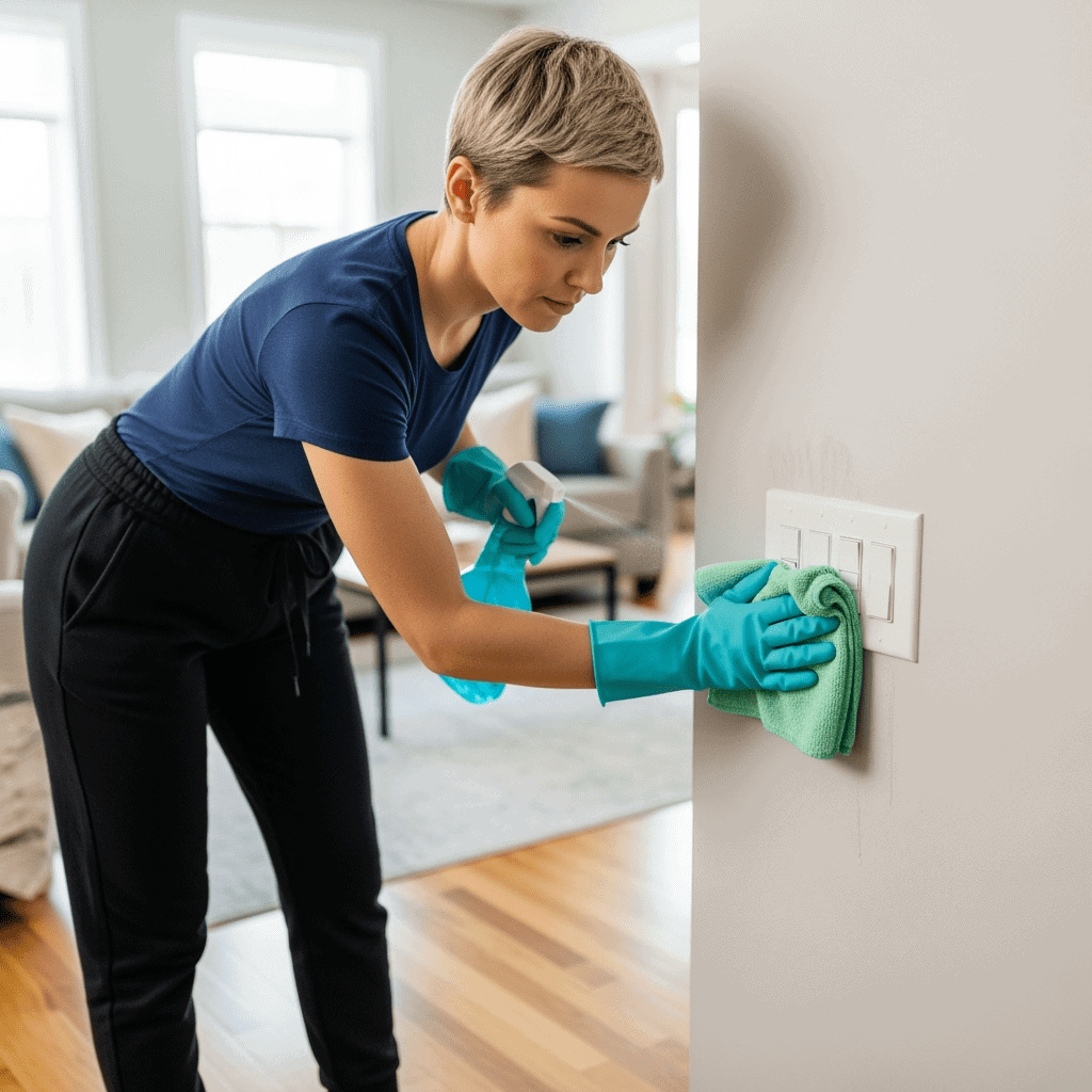 Cleaning professional disinfecting light switch with cloth in home interior.