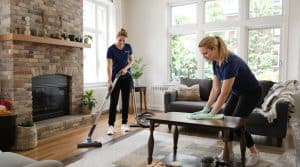 Upstairs Downstairs Cleaning Service team cleaning a bright living room.