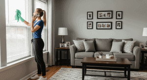 Deep cleaning professional woman cleaning window blinds in living room with natural light.