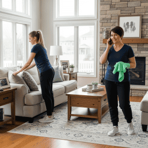 Dusting and cleaning the living room with a professional cleaning service.