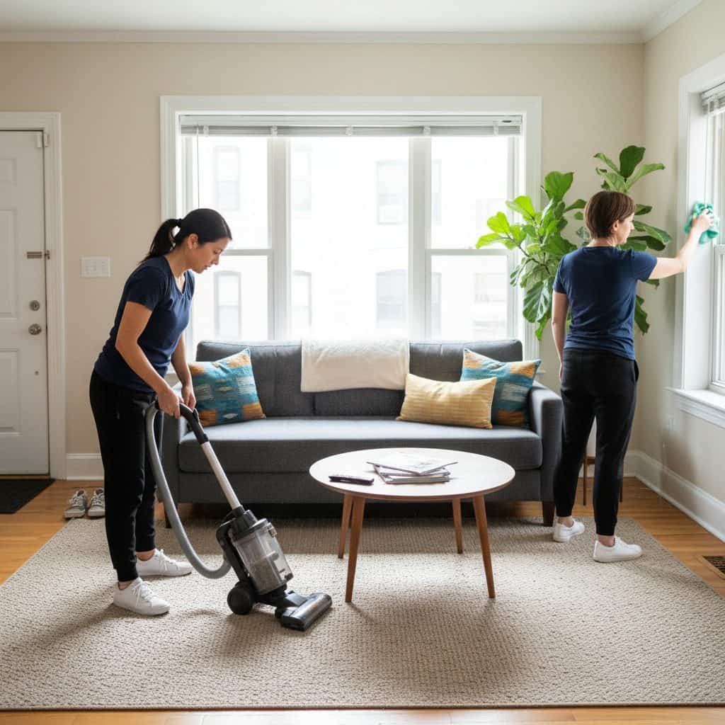 Apartment Living Room Cleaning Service in Chicago - Upstairs Downstairs Cleaning Service Chicago maids cleaning a lived-in apartment living room. One vacuums around the sofa while the other dusts the window sill with a mint green cloth. Everyday details like pillows, magazines, and a houseplant show a realistic home environment
