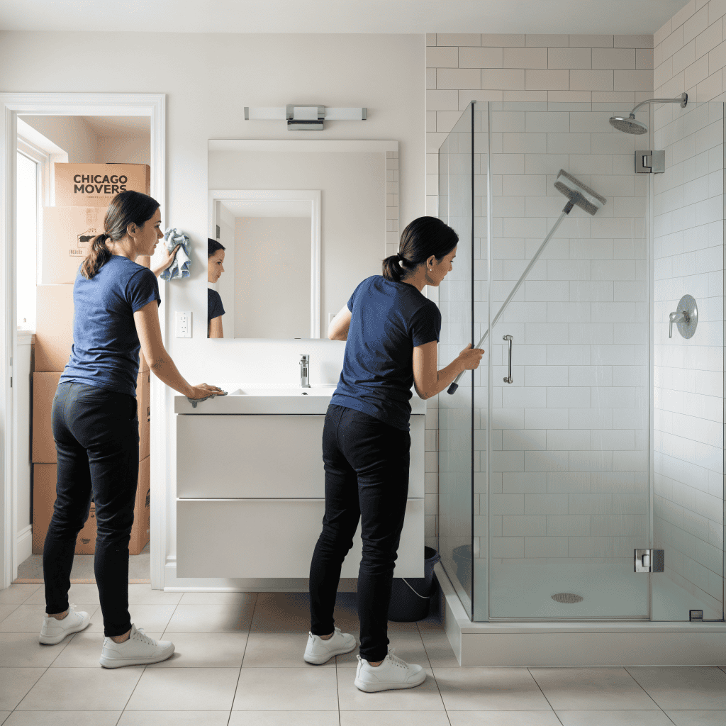 Professional cleaner disinfecting bathroom shower with cleaning tool.