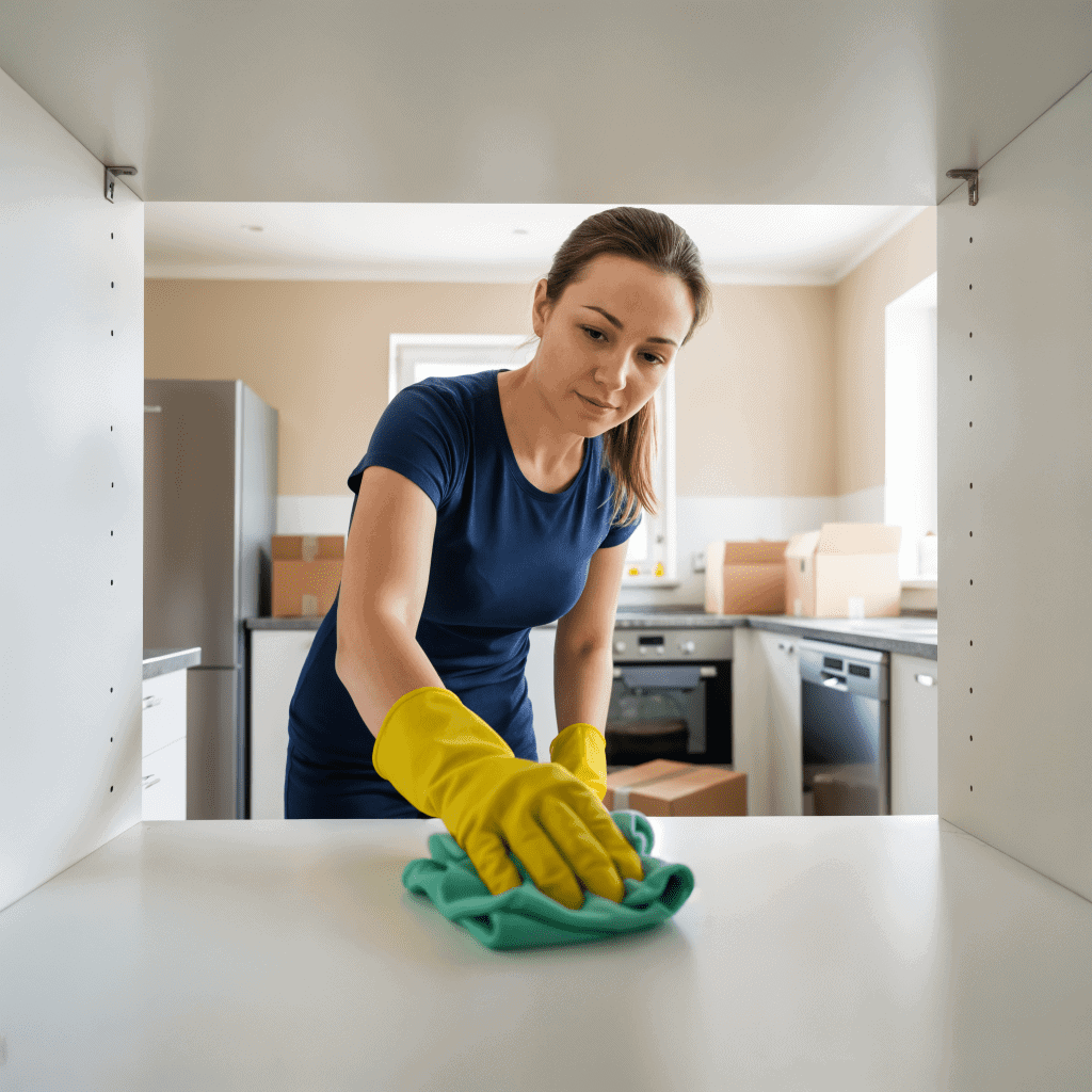 Woman cleaning kitchen countertop with cloth, wearing yellow gloves, in a bright modern kitchen.