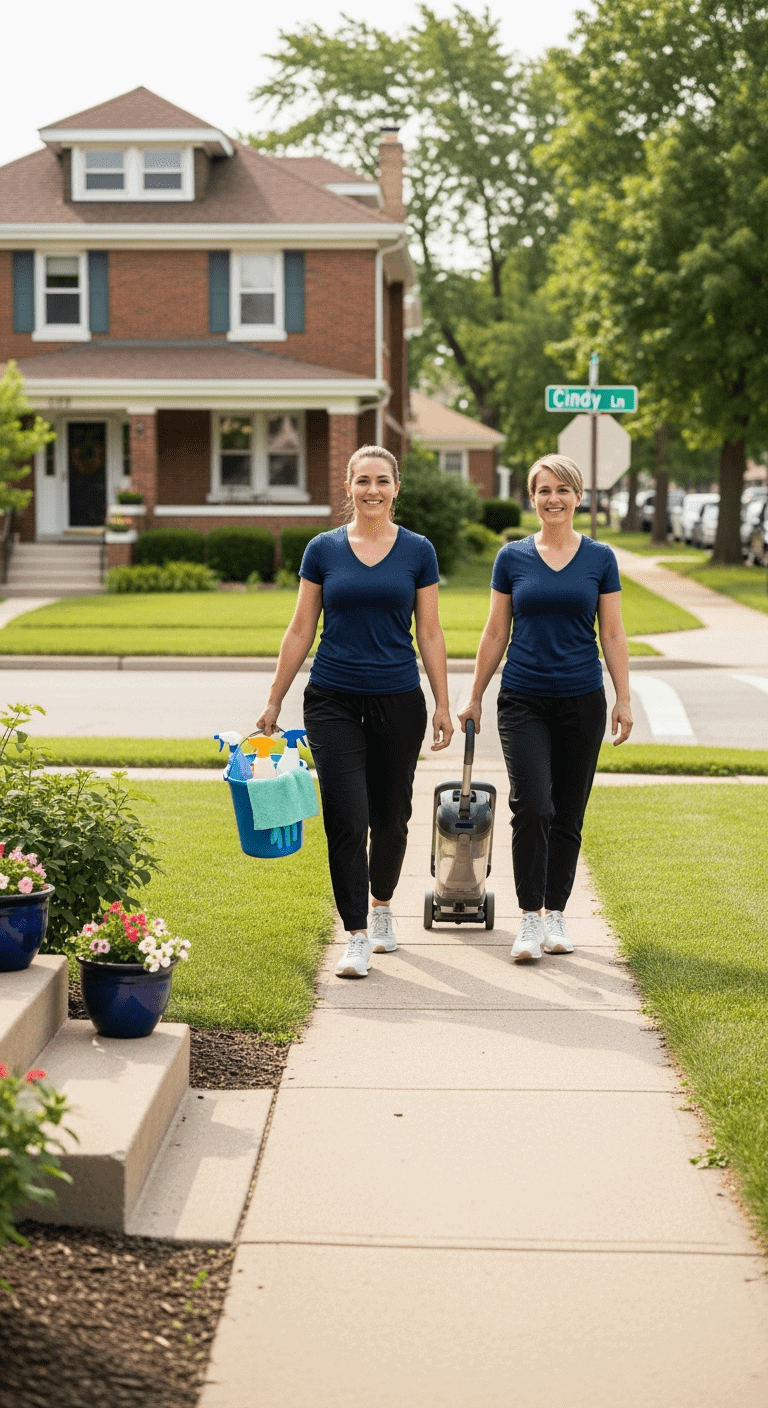 Two professional cleaners walking with cleaning equipment in neighborhood.