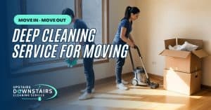 Deep cleaning service for moving, two women cleaning a room with boxes and vacuum.