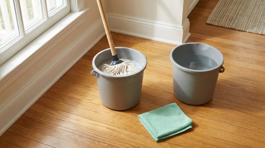 House Cleaning Supplies Near Window - Upstairs Downstairs Cleaning Service Cleaning mop and bucket with cloth on hardwood floor near window.