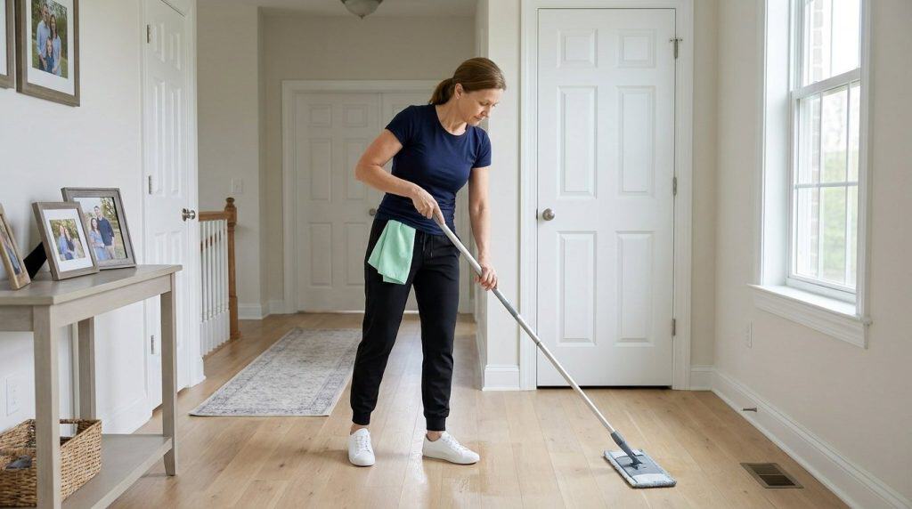 Professional House Cleaning Service in Action - Upstairs Downstairs Cleaning Service Woman mopping hardwood floor in a bright, clean living room.