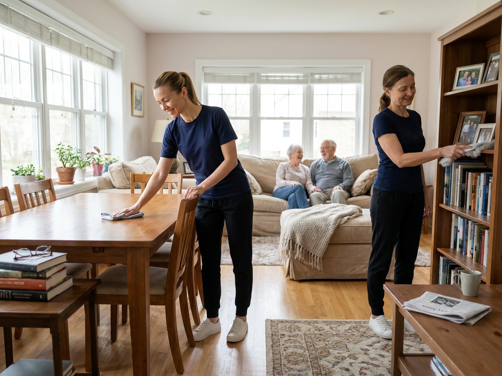 House Cleaning Team in a Senior's Lived-In Home - Upstairs Downstairs Cleaning Service Two cleaners tidying a cozy, lived-in living and dining room for a senior couple