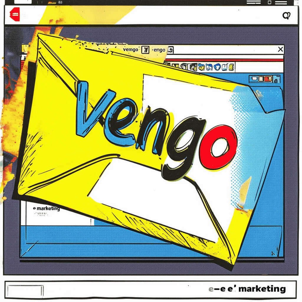 Logotipo de Vengo.ch en una superficie de pantalla digital, diseñado en un estilo pop y moderno.