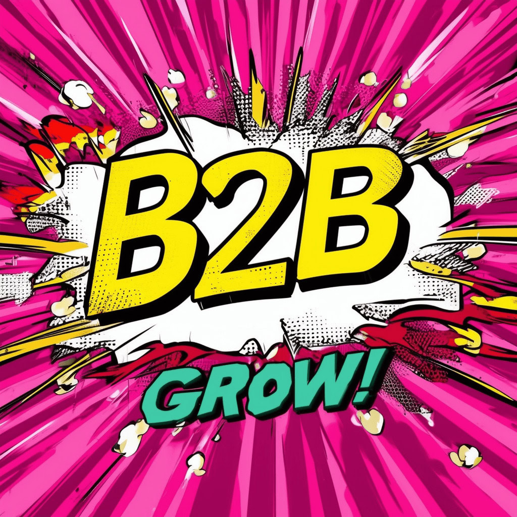 Arte cómico explosivo con "B2B Grow" en colores vibrantes, dinámicos y modernos.