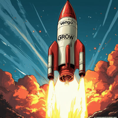 Spaceship with "Vengo Grow" logo, launches into the sky – innovative plant growth products.
