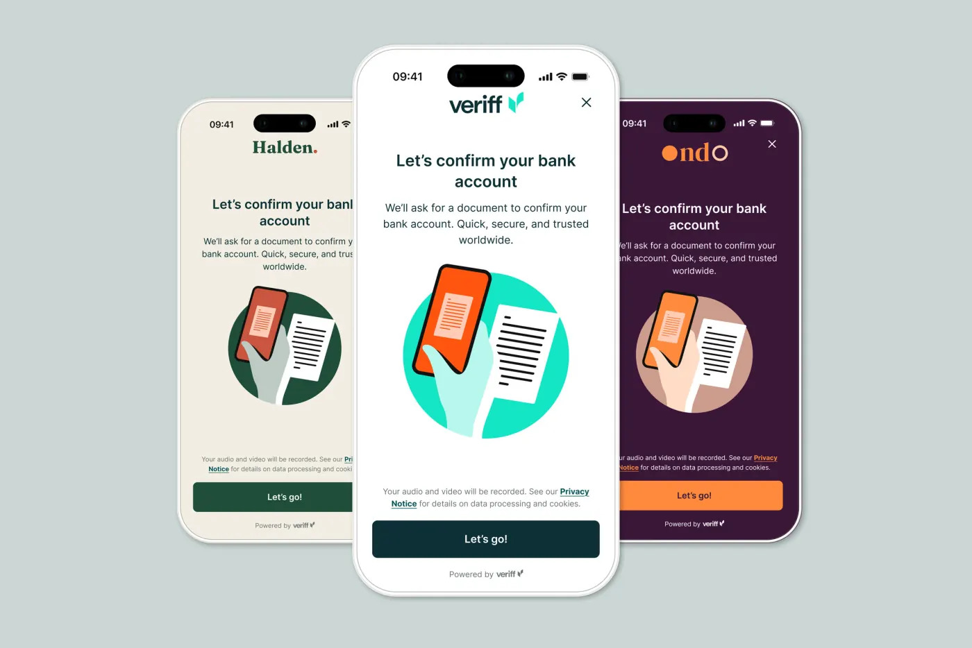 The same "Let’s confirm your bank account" screen in three brands: Halden in green and cream, Veriff in teal and white, and ondo in purple and orange