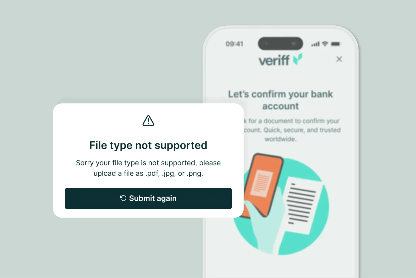 A "File type not supported" message reading "Sorry your file type is not supported, please upload a file as .pdf, .jpg, or .png", with a "Submit again" button, over the blurred Veriff bank account confirmation screen on a phone