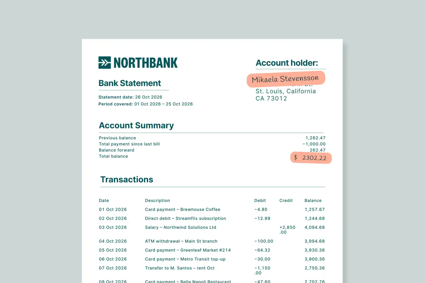 Close-up of a Northbank bank statement with the account holder name and the total balance (2302.22) highlighted as edited