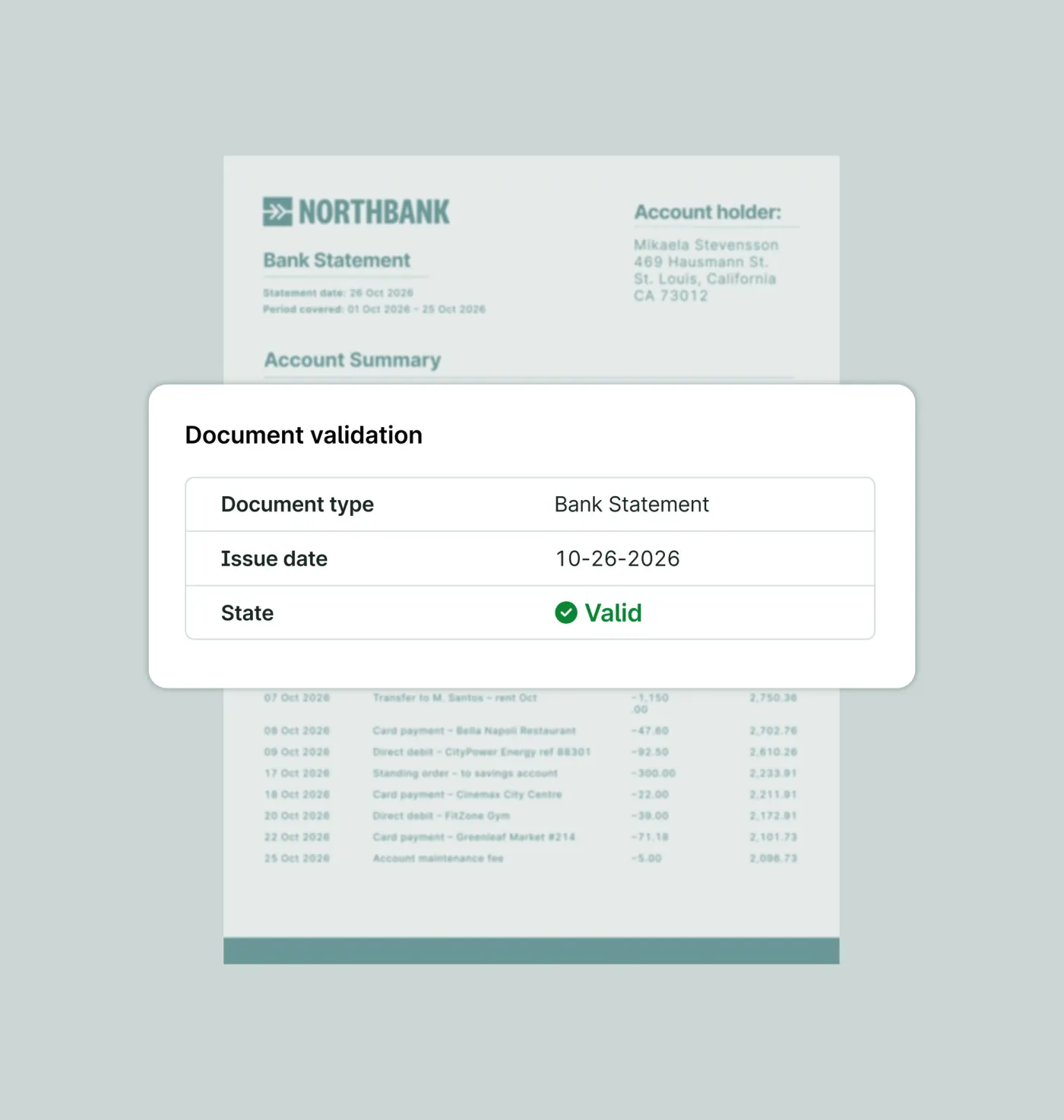 A "Document validation" card over a blurred Northbank statement, showing document type Bank Statement, issue date 10-26-2026 and state Valid