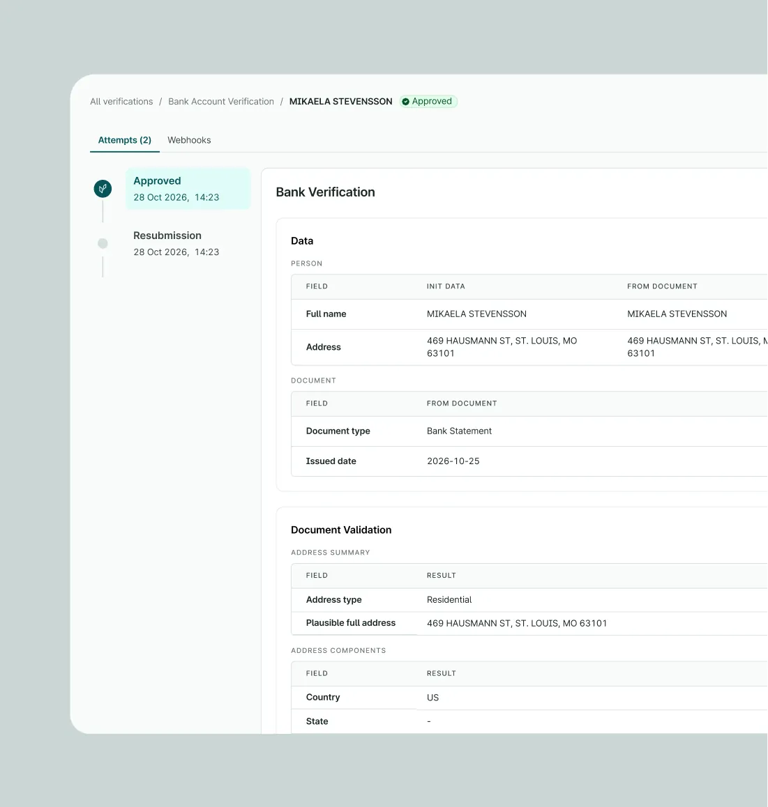 Veriff Station verification view for an approved bank account verification for Mikaela Stevensson, with an attempts list and person and document data matched against the document