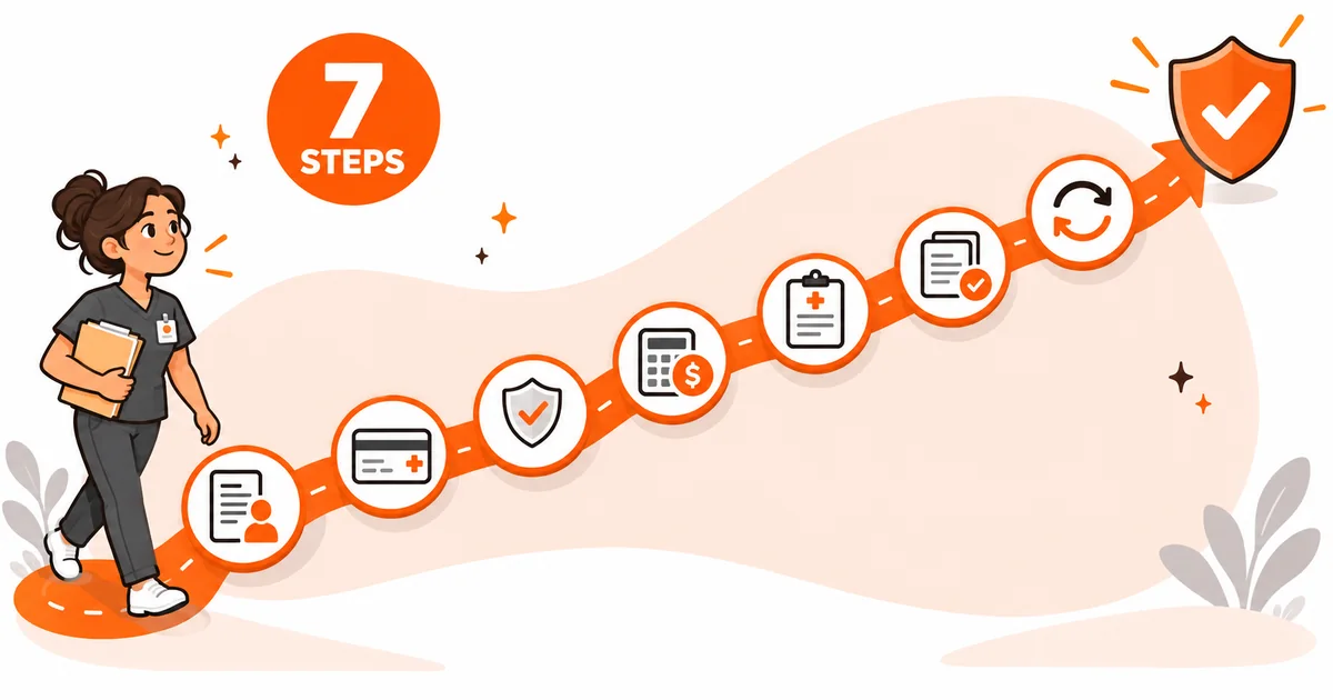 Healthcare coordinator follows a seven-step insurance verification path from patient intake to verified coverage.
