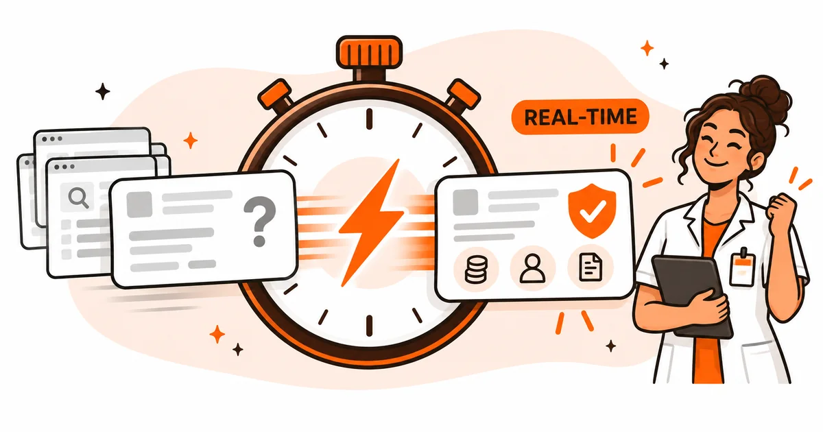 Healthcare professional reviews an insurance card transformed into a verified eligibility result in real time.