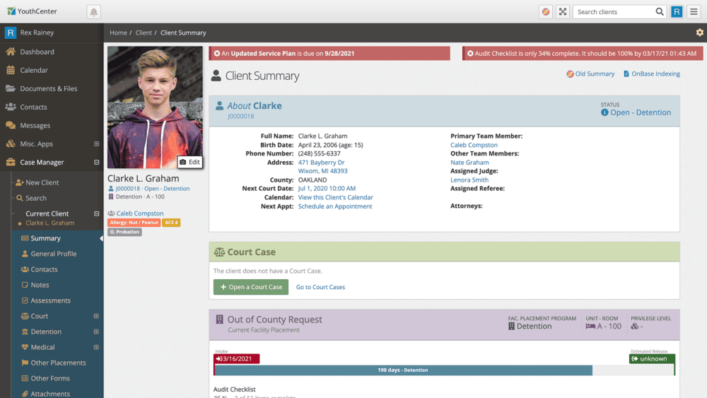 YouthCenter Client Summary screen