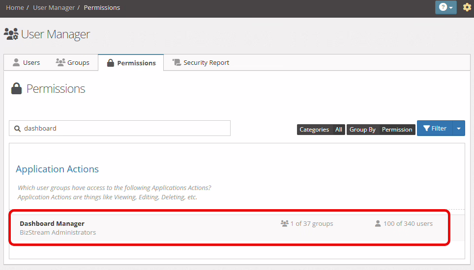 YouthCenter user manager showing permissions for Dashboard Manager