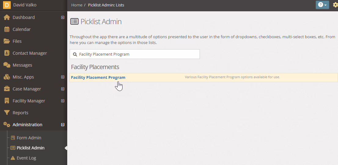 Facility Placement Programs in the Picklist Editor.