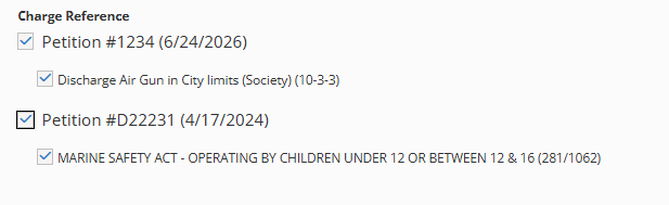 A screenshot of the way this new form part displays in the custom form. The part name Charge Reference is listed as a bold title and two Petitions are listed by number and (date) with the corresponding charges nested underneath. Each Petition and Charge choice has a checkable box. The text is black on a white background.