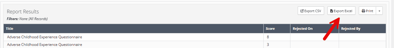 A screenshot of the Report Results are in YouthCenter. Report headers of white text on dark grey are visible that indicate different Data Sources in the report. There are three buttons on the top right with Export CSV, Export Excel, and Print. Each button is back text on white and the Print button has a small caret indicating further options. A red arrow highlights the Export Excel option.