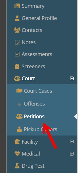 A screenshot of the Case Manager sidebar menu with a red arrow pointing to the Petitions item under the expanded Court menu.