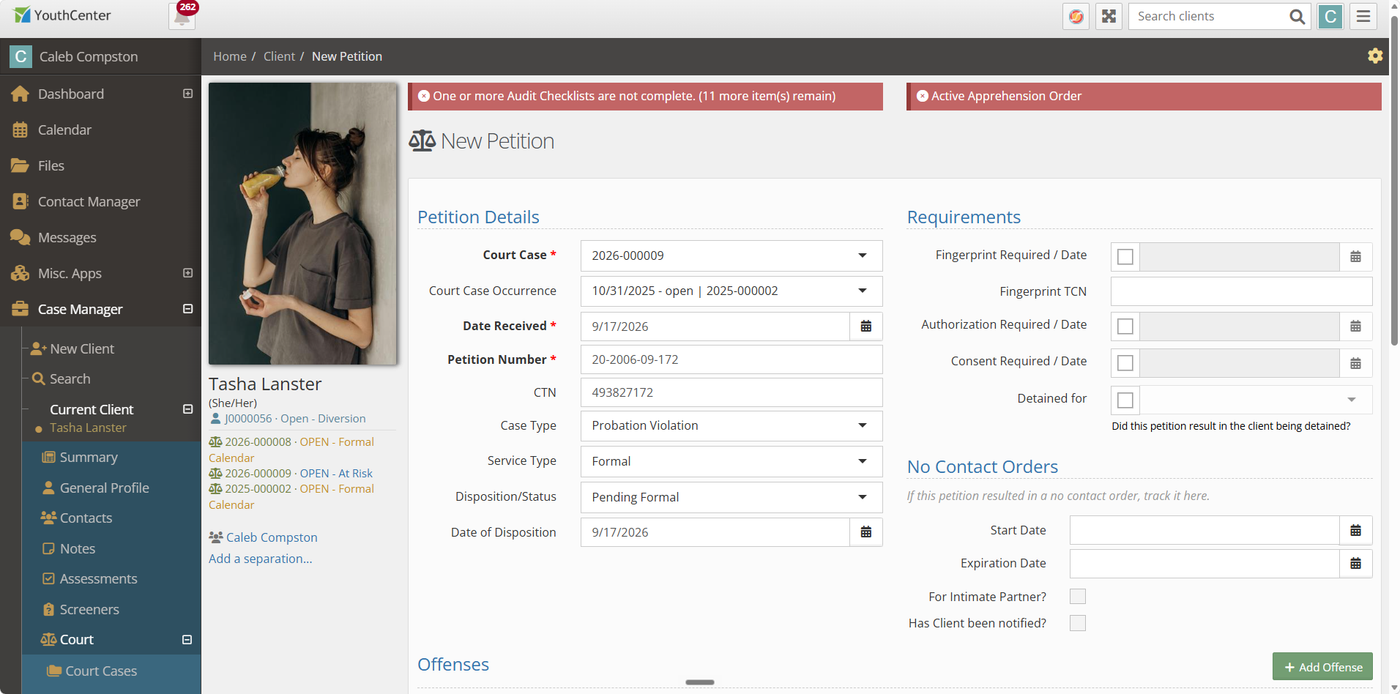 A screenshot of the New Petition form, showing the Petition Details section (Court Case, Date Received, Petition Number, Case Type, Service Type, Disposition/Status) and the Requirements and No Contact Orders sections.