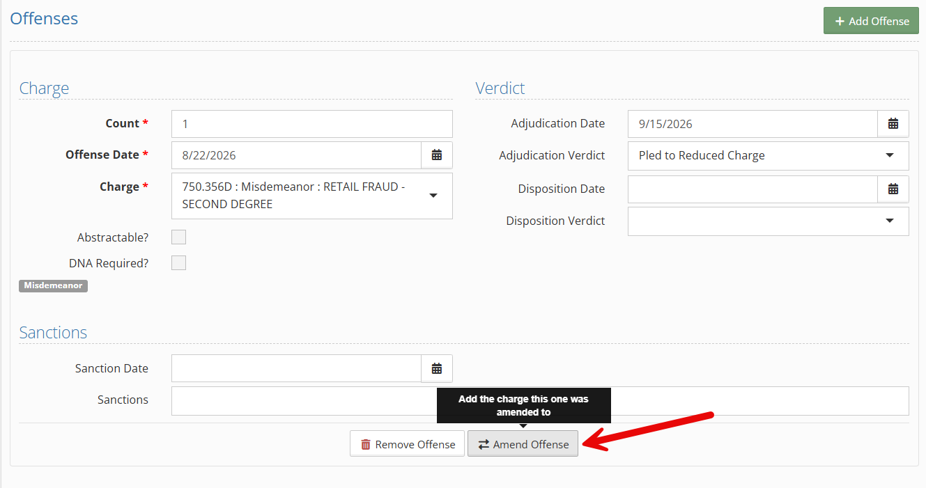 A screenshot of the Edit screen for an Offense, with Charge, Verdict, and Sanctions details. There's a graphic of a red arrow pointing to the "Amend Offense" button and its tooltip reading "Add the charge this one was amended to."