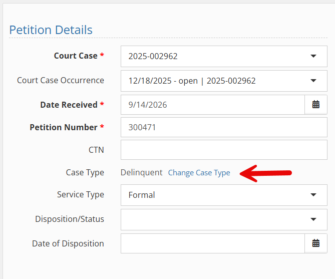 A screenshot of a new petition's Petition Details form created by the Change Case Type action, with a red arrow graphic pointing to the "Change Case Type" link next to the Case Type field.