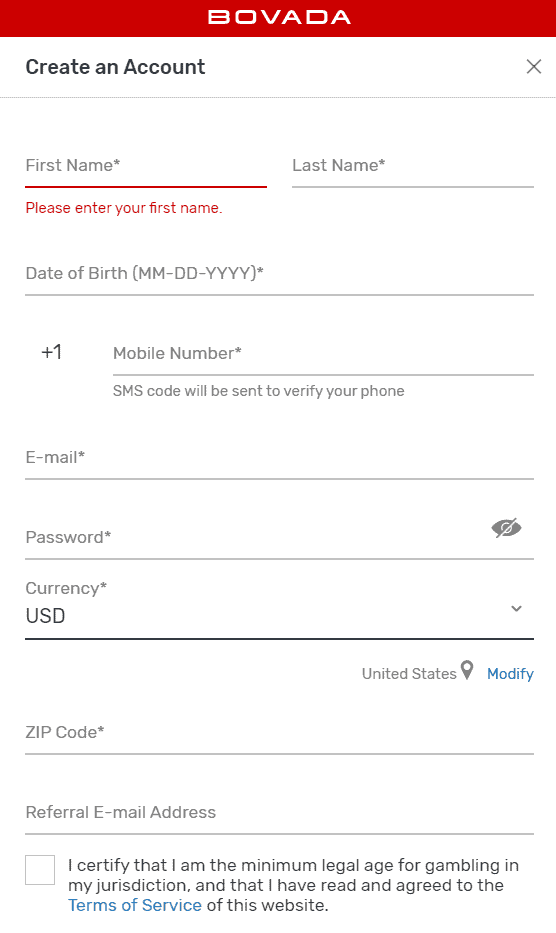 Bovada Sign Up Example Bovada.lv Register an Account