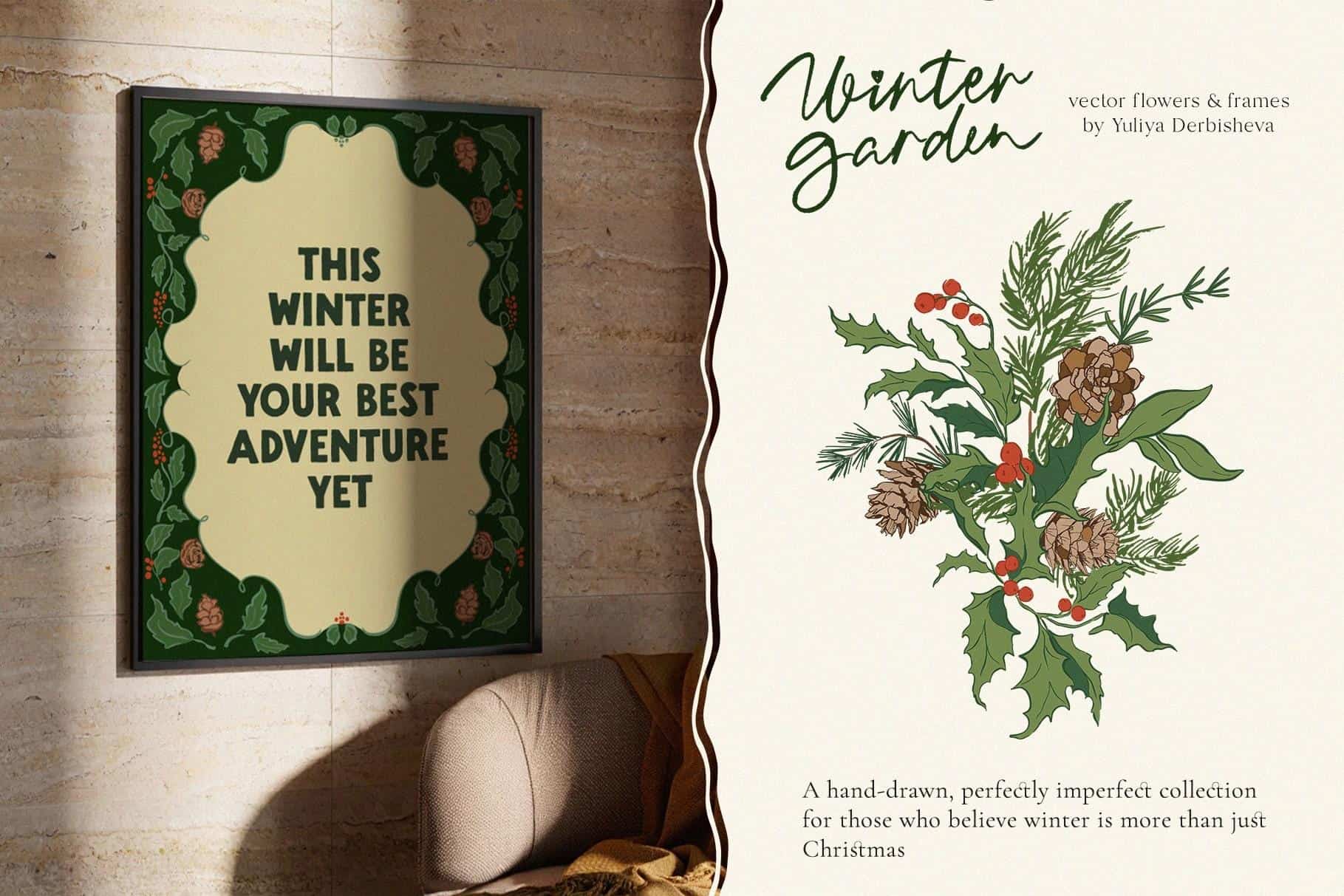 Winter Garden vector whimsy flowers and leaves, Christmas frames and seamless patterns - Image 2