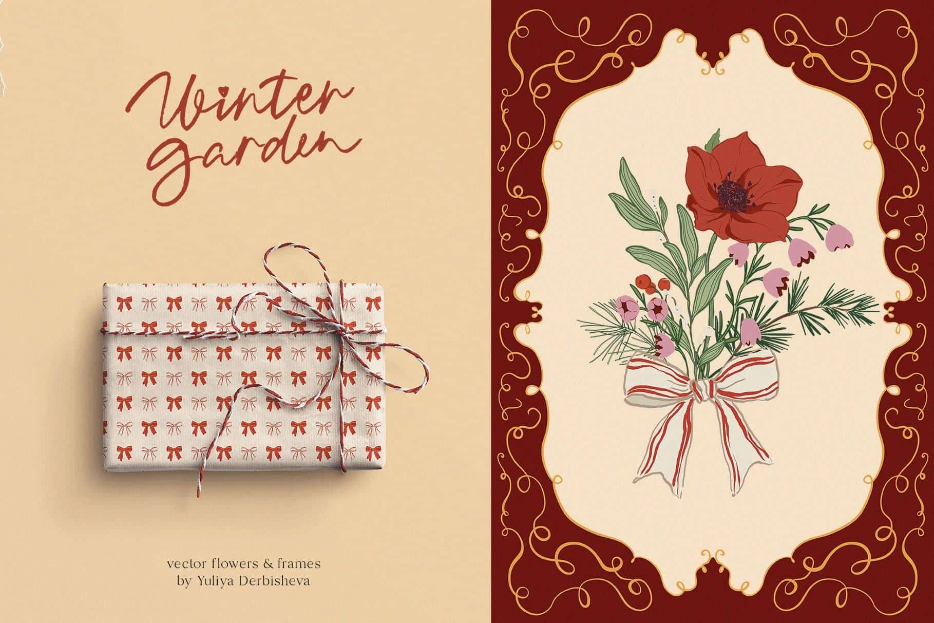 Winter Garden vector whimsy flowers and leaves, Christmas frames and seamless patterns - Image 3